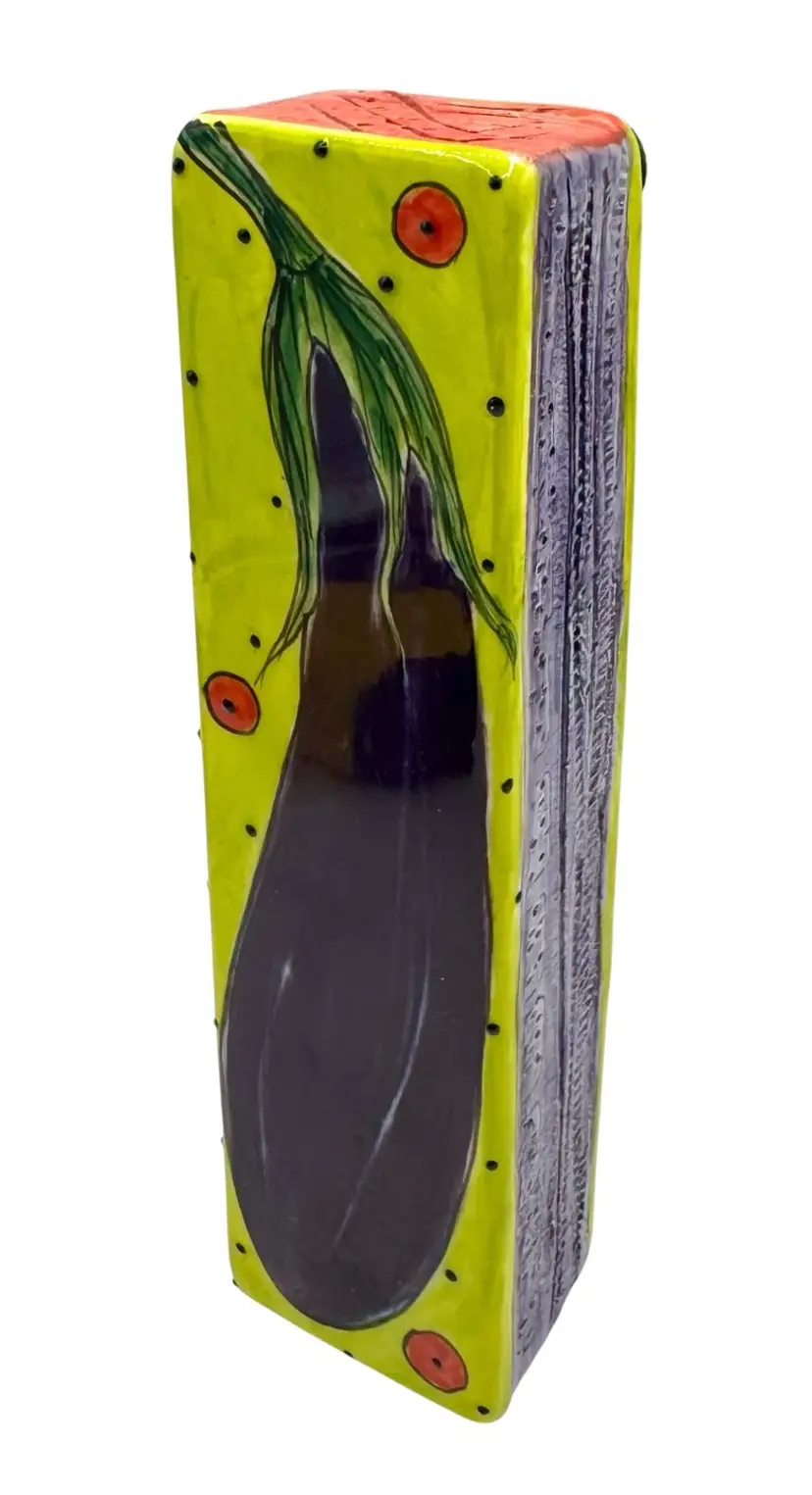 Signed Lynn Gandolfi Studio Art Pottery Wall Hanging Box Eggplant Aubergine 8”