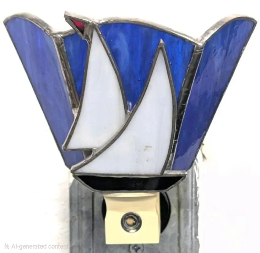 Vintage Stained Glass Sailboat Shade For Night Lights & Photosensitive Night Light Base With Bulb (Tested For Power)
