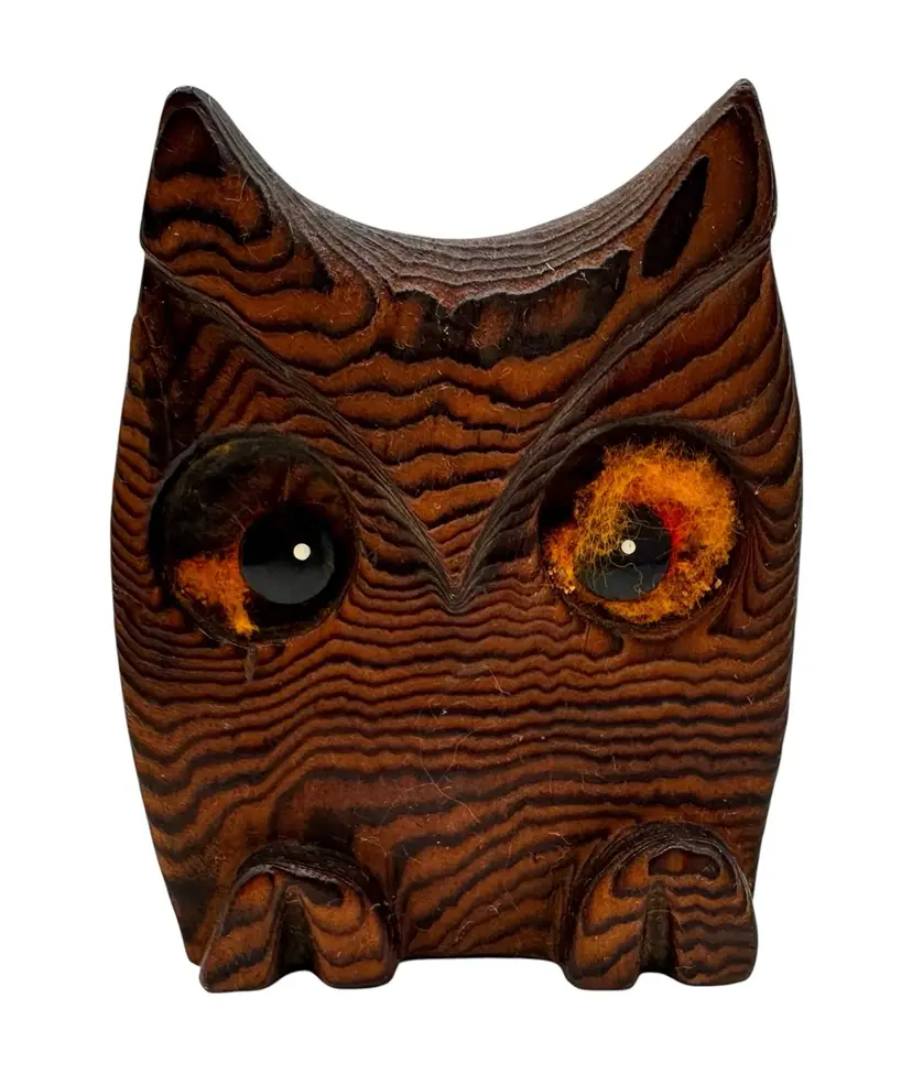 Vintage Cryptomeria Wood Owl Bird Figurine Felt Eyes Mid Century Kitsch 3.25”