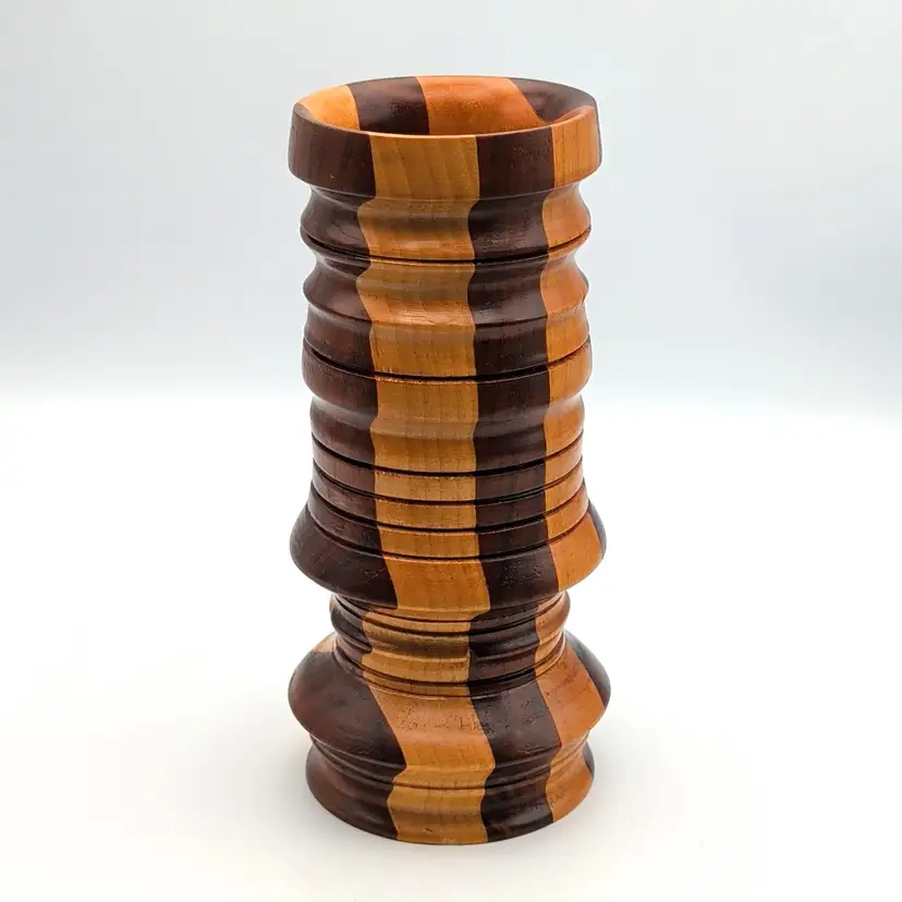 Vintage MCM Handmade Turned Two Tone Inlay Wood Vase 7.25"H
