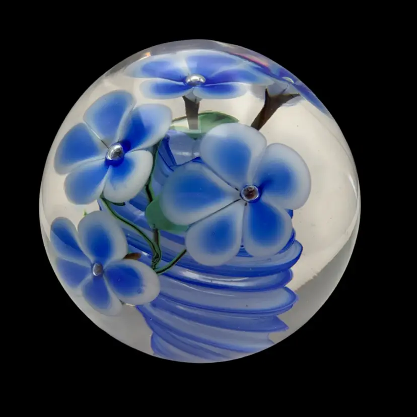 Petru Rusu 1988 Blue Lampwork Flowers Green Vines Compound Paperweight - 4”