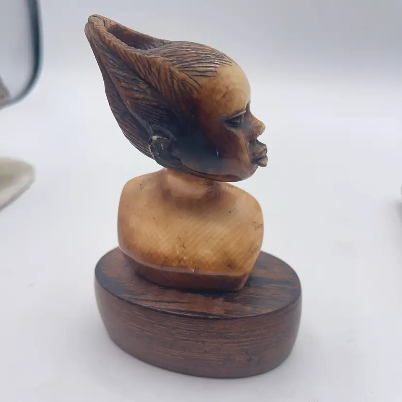 Hand Carved Figure Stone Material Wood Base 5” Tall Unique