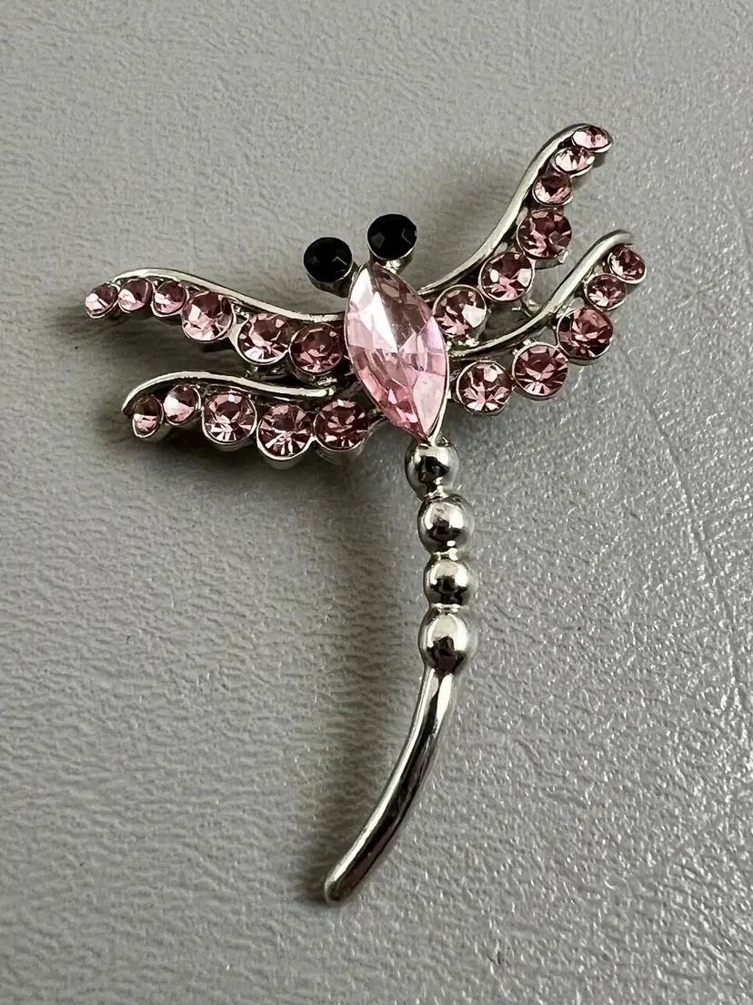 Pink Rhinestone Dragonfly Brooch Silver Tone Costume Jewelry Pin Black Eyes