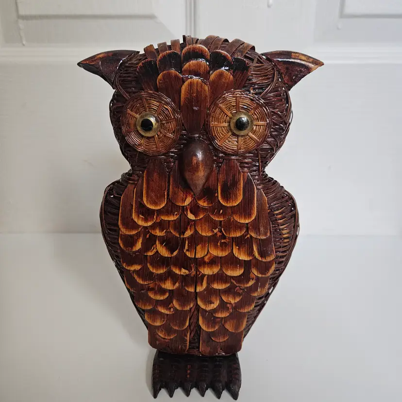 Vintage 1970s Owl Wicker Rattan Table Decor Fall Autumn Brown 8.5"