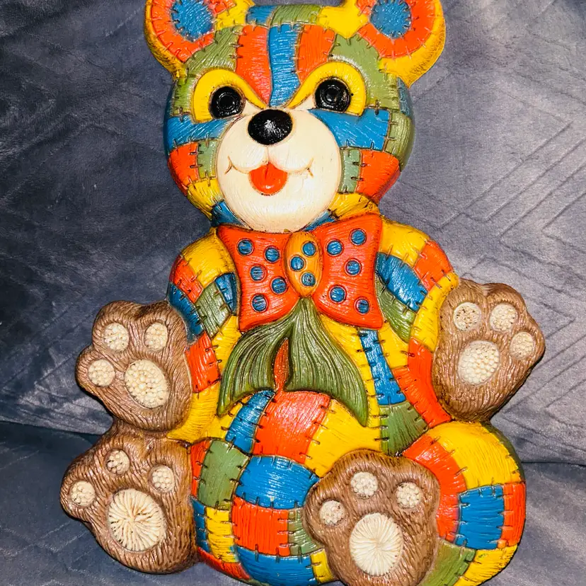 Vintage Patchwork Teddy Bear Plaque Wall Hanging Quilted Design Foam Craft 1979