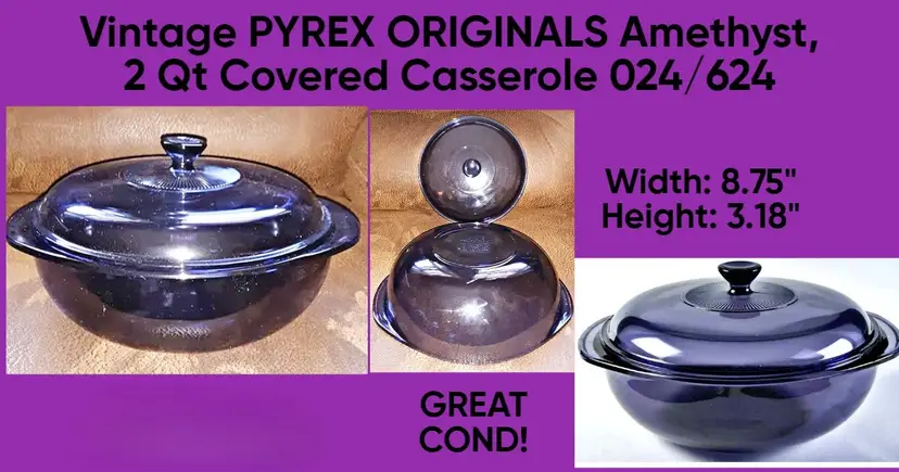 Vintage 2 Qt / 2L Pyrex Amethyst Purple Round Covered Casserole Dish 024 USA