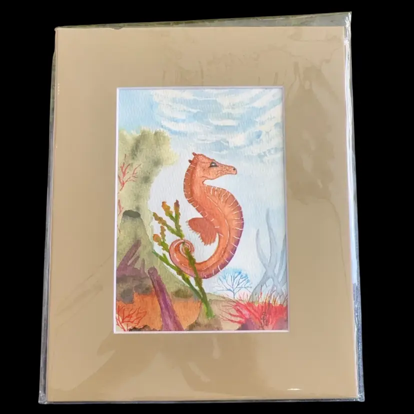 Original Watercolor Seahorse 5 X 7” In 8 X 10” Beige Matte