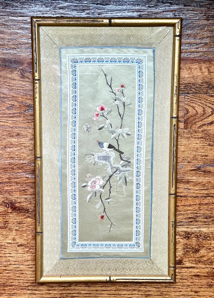 Chinoiserie Silk Panel Embroidered Bird Floral Wooden Gold Tone Bamboo Style Frame