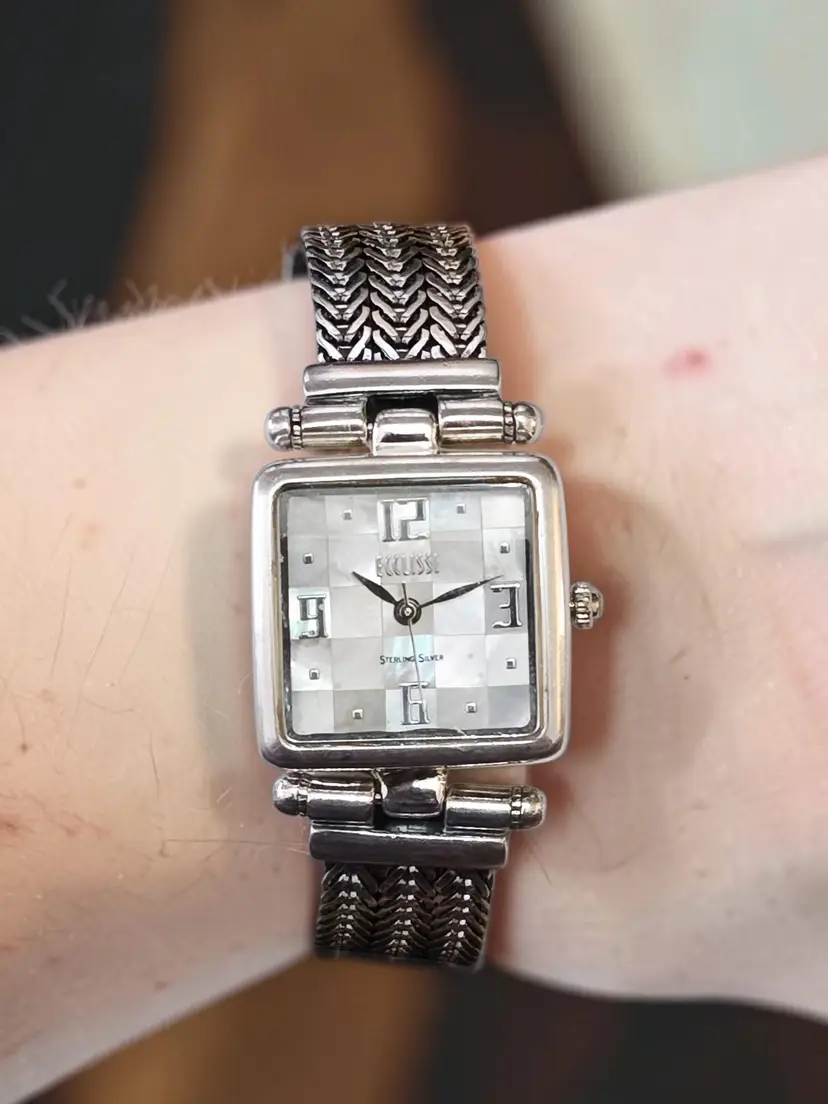 Vtg Ecclissi Sterling Silver 925 Mother of Pearl Mosaic Dial Bracelet Watch New Batt