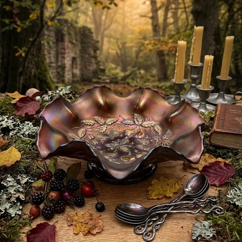Antique Northwood Amethyst Carnival Glass Footed Ruffle bowl in the "Three Fruits" pattern Circa 1910-1915 About 9”x3.25”