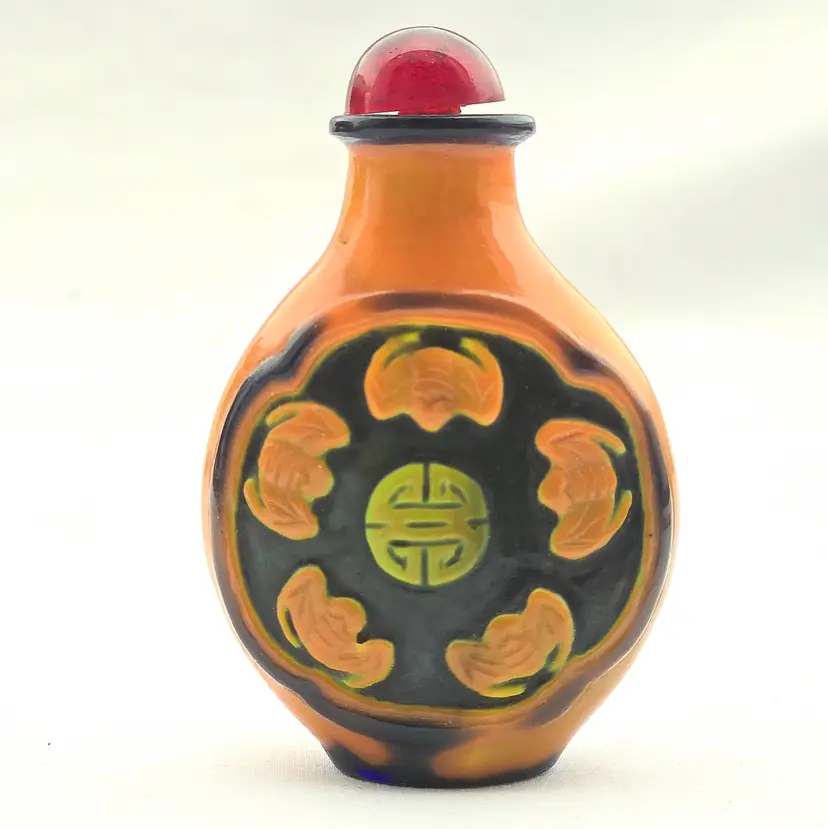 Art Glass Chinese Snuff Bottle 5 Bats (5 Blessings) Orange on Green 3" tall with Condition Issues
