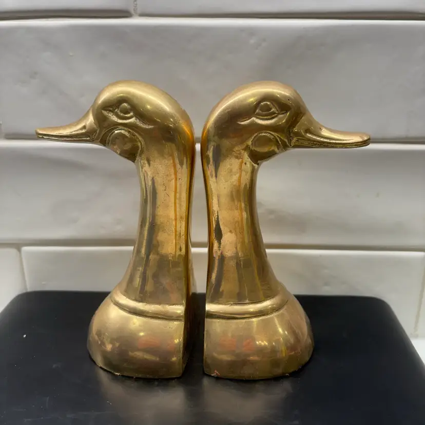 Vintage Brass Duck Head Bookends Pair 6" Tall - Mid Century Mallard Goose