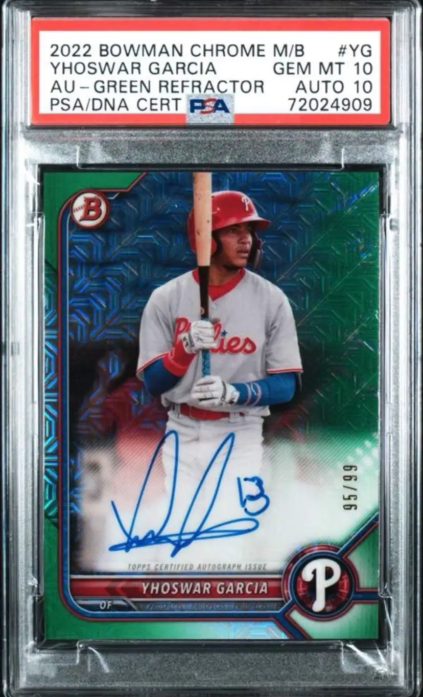 YG Yhoswar Garcia 2022 Bowman Chrome Mega Box Autographs - Au-Green Refractor /99 PSA 10