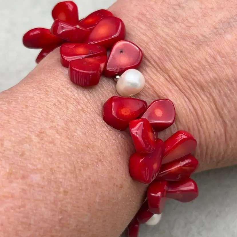 Dyed Bamboo Coral & Freshwater Pearl Chunky Toggle Bracelet 7”
