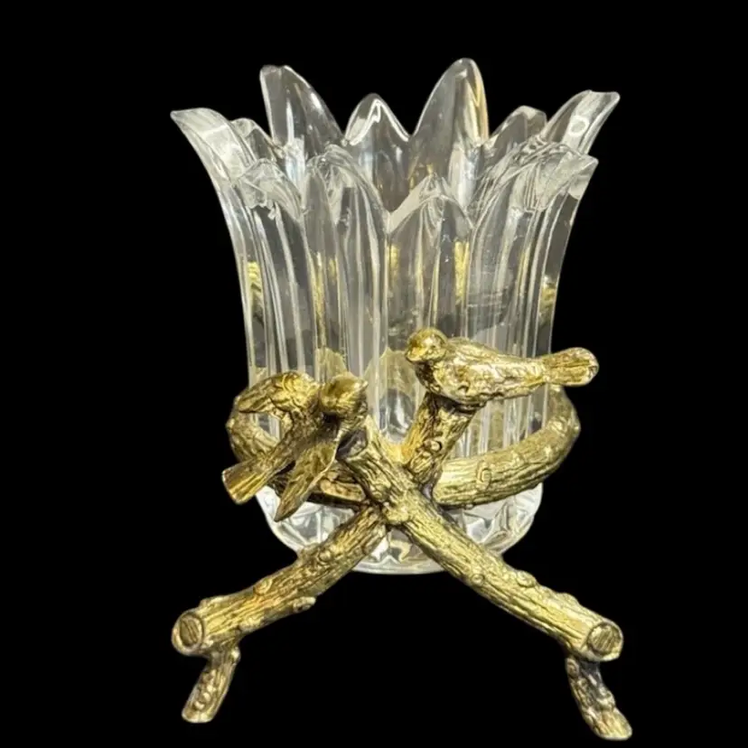 Votive/Candle Holder Air Plant Vase Gold Tone/Brass? Tree Branches & Birds Ribbed Clear Glass 
4-1/2” T x 3-1/2” W