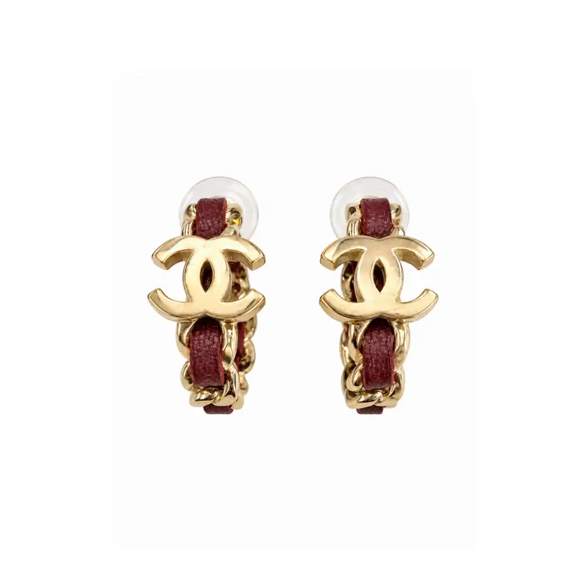 Chanel Brown Leather Gold Twist Hoops