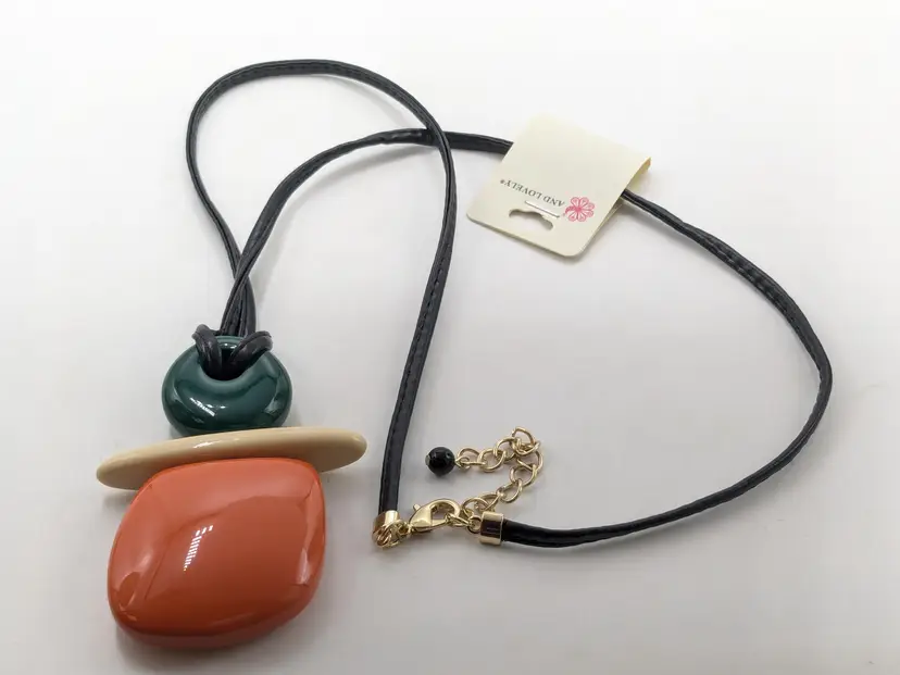 And Lovely Chunky Geometric Pendant Necklace Orange Green NWT