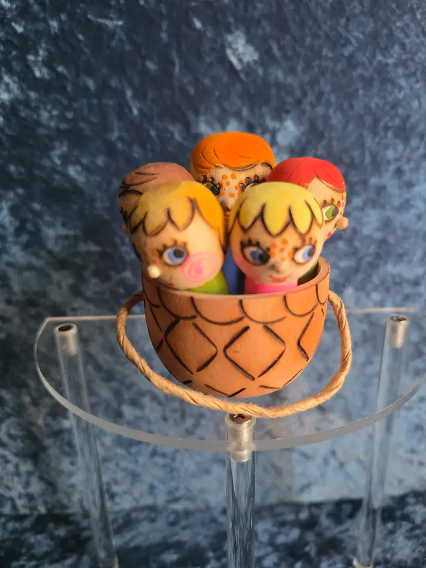 VTG 1985 USSR Soviet Wooden Mushroom Figures Peg Dolls Basket Beriozka Ryzhik