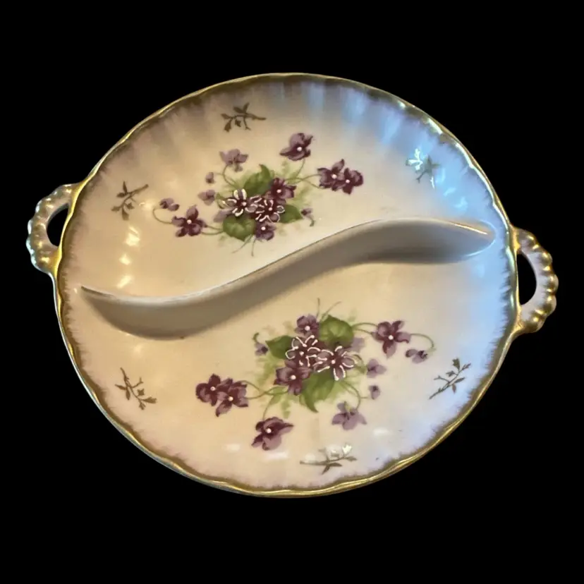 VTG Hand Painted Lovely Violets By Lefton Porcelain Trinket or Candy Dish Ex Con