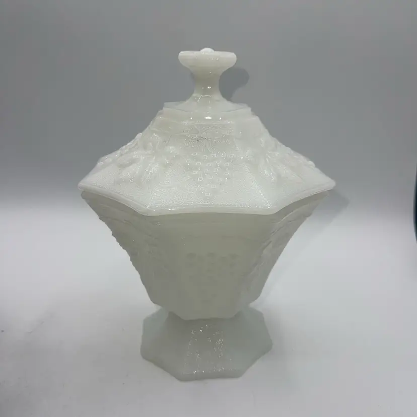 18-Milk Glass Grapes And Leaves Octagon Candy Dish With Lid 8” Tall Vintage