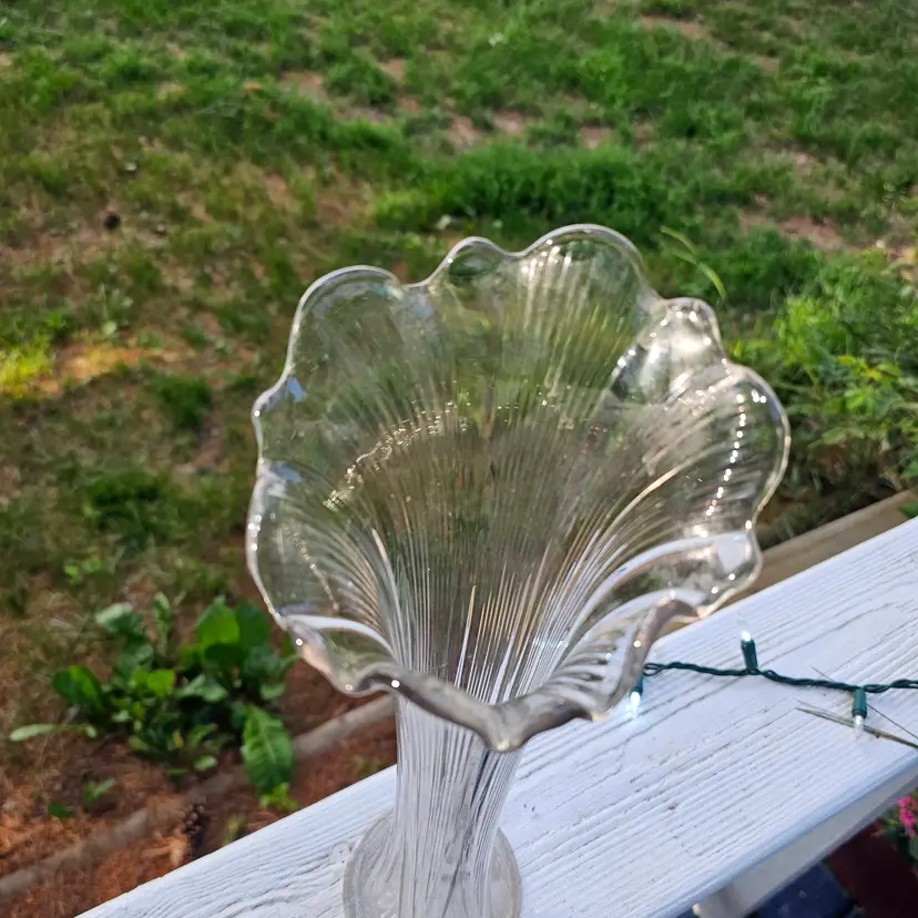 Clear Glass trumpet swung Vase ribbed 14.5" Vintage