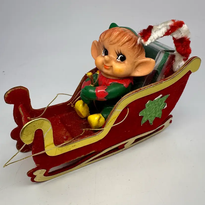 Vtg Japan Pixie Elf On A Slay Hanging Ornament
