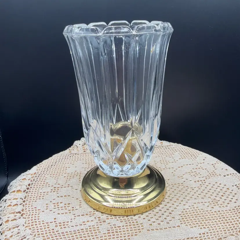 🐞Vtg Cut Crystal & Brass Hurricane Taper Candle Holder 7.5x4”