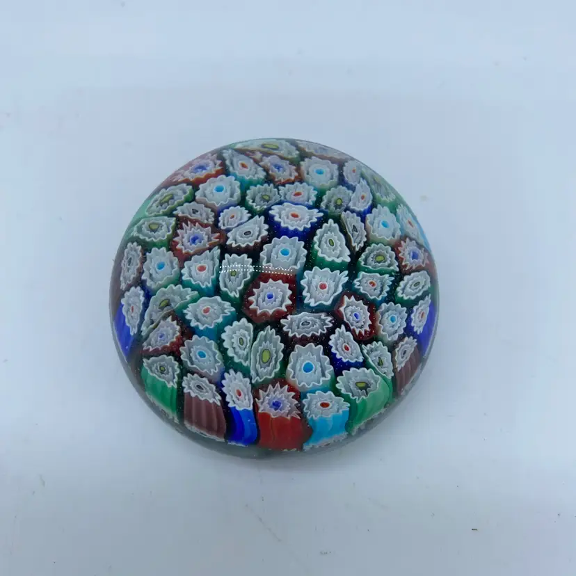 #0017 Mid-century Italian millefiori glass paperweight with multi-coloured floral canes.