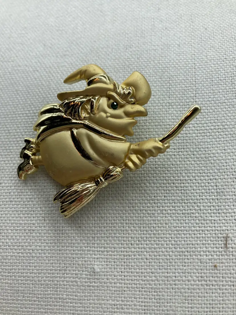 Gold Tone Witch on Her Broom, Signed