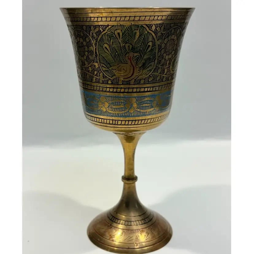 Brass-Chalice/Goblet- Intricately Etched Peacocks Florals With Enamel-  India 6”  Interior is Silver Tone Metal