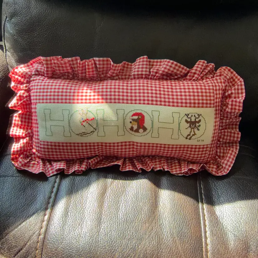 Adorable Red & White Gingham Checked Cross Stitch Christmas Pillow 18” x 9” From 1979