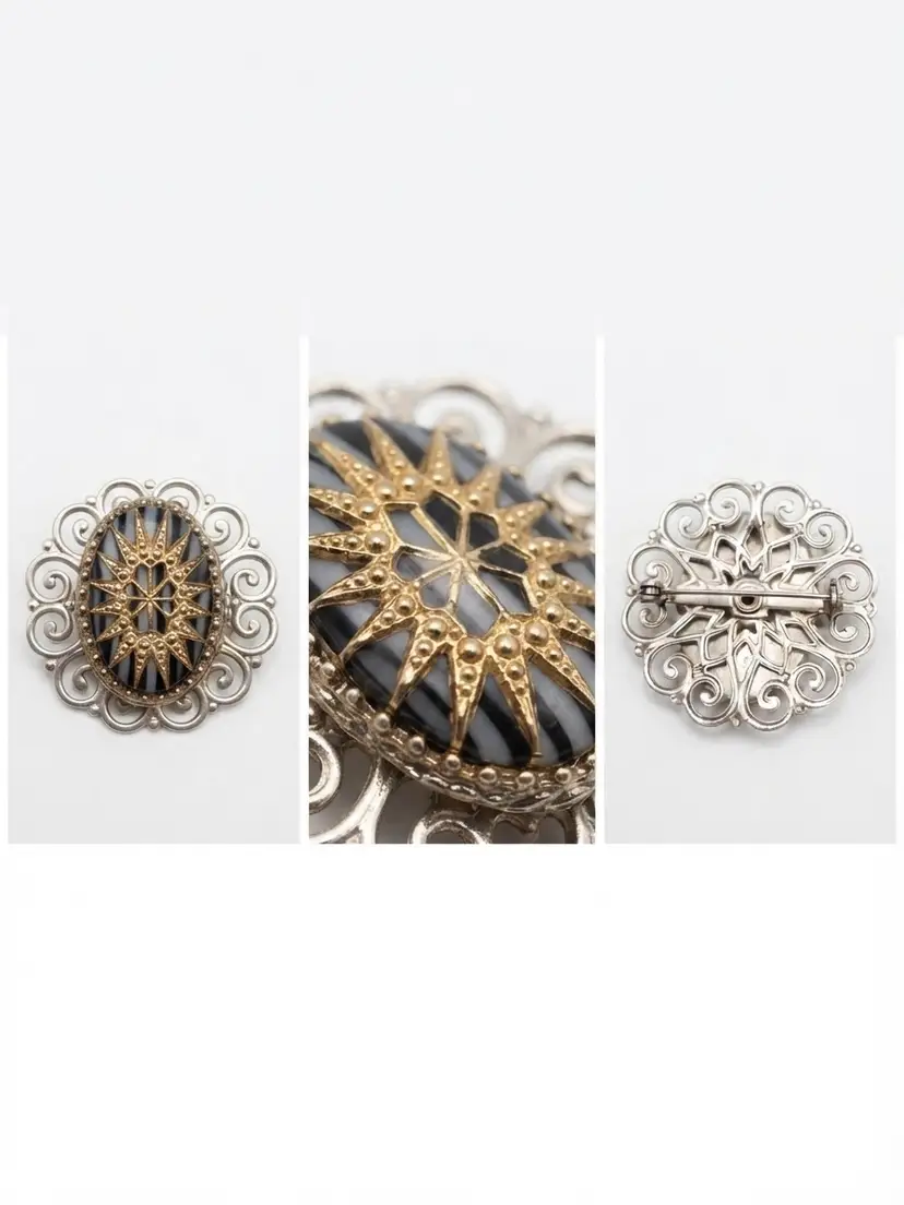 153. Vintage Filigree and Black Glass Intaglio Starburst Brooch