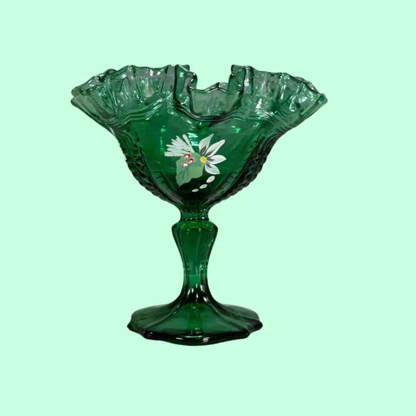 Vintage Fenton Emerald Green Glass Empress Compote Dish – Hand Painted & Signed by Valory Gherke