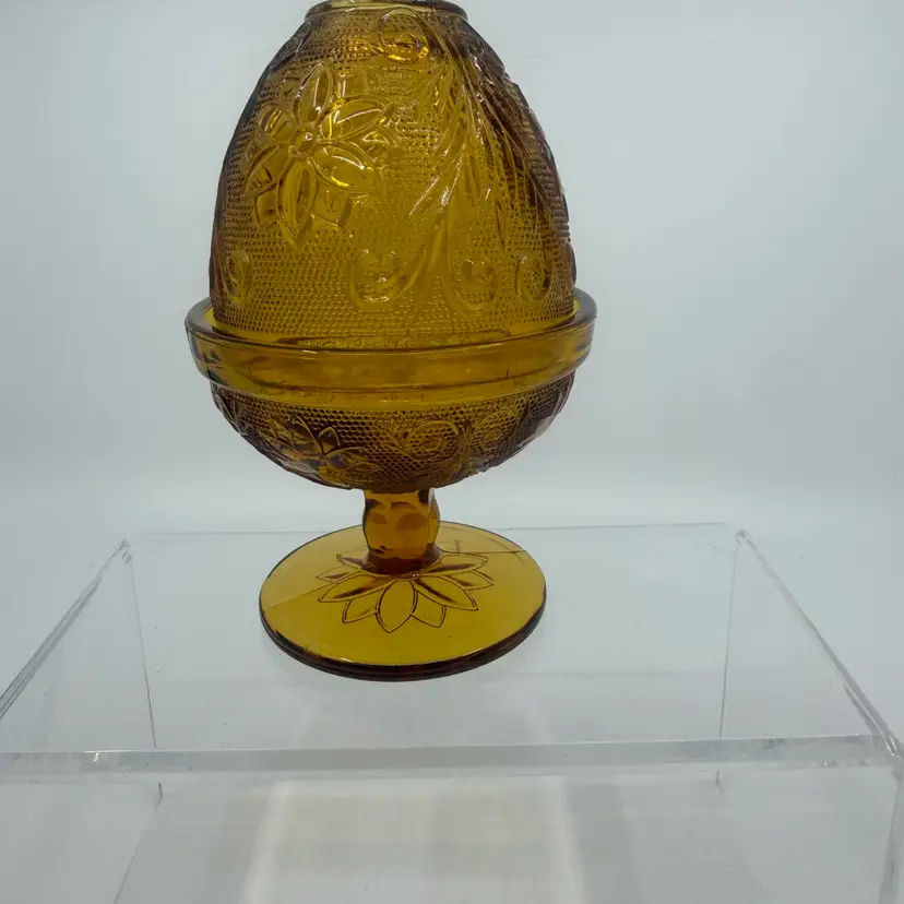Vintage Indiana Amber Glass Tiara Fairy Lamp Sandwich Pattern Egg Shape 6”