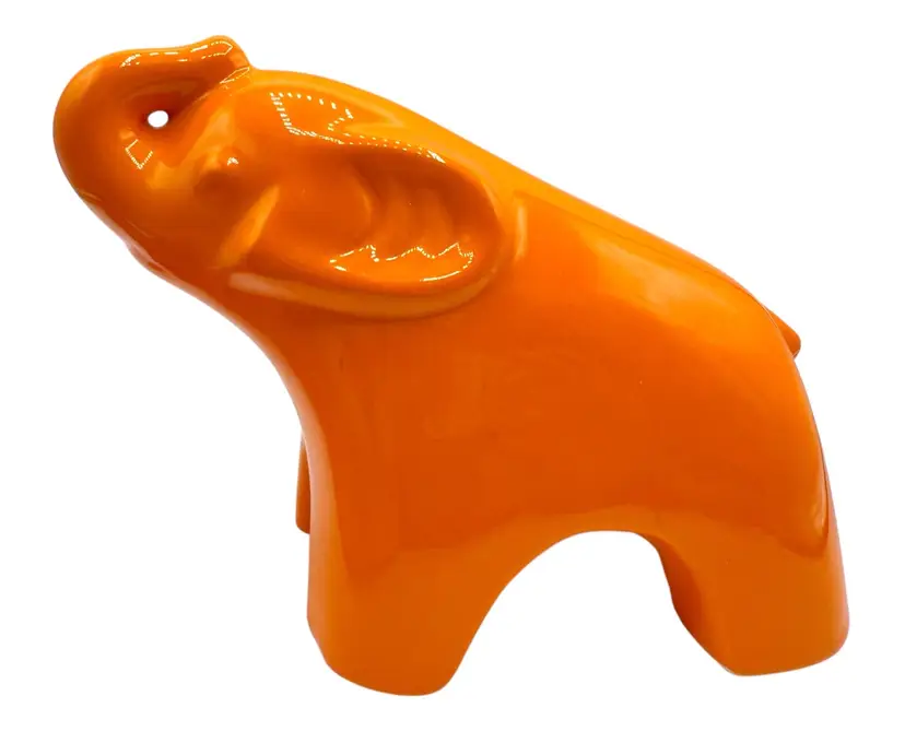 Rare Vintage Jaru Pottery California Ceramic Baby Elephant Orange Trunk Up 4.75”