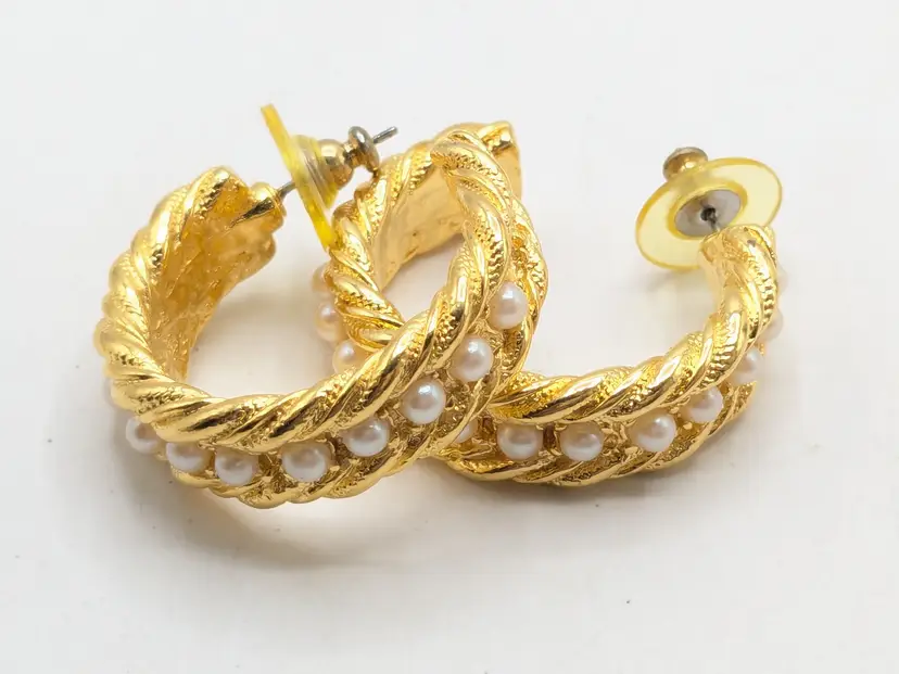 Vintage Lilly's Gold Tone Half Hoop Faux Pearl Pierced Earrings NOS