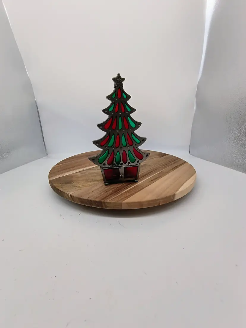 Vintage Japan Cast Iron and Stained Glass Christmas Tree Taper Candle Holder 8".