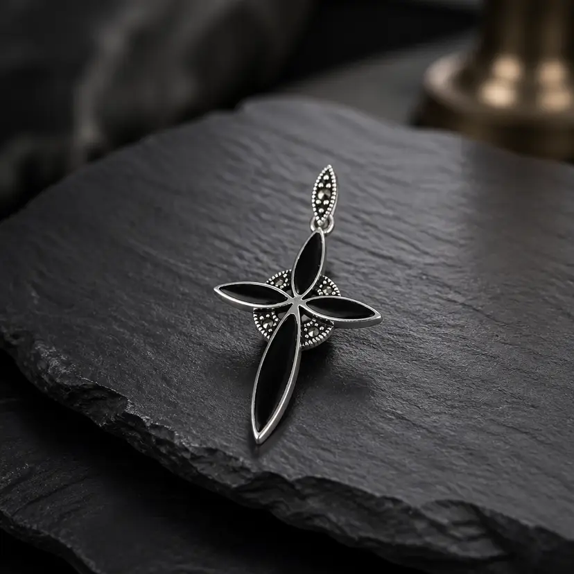 Sterling Silver 925 Cross Pendant w/ Black Onyx Inlays & Marcasites, 1.75"