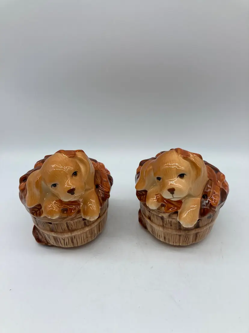 2 Vintage 1983 Avon Cocker Spaniel Puppy Dog Basket of Fun Ceramic Pomander Potpourri Holder