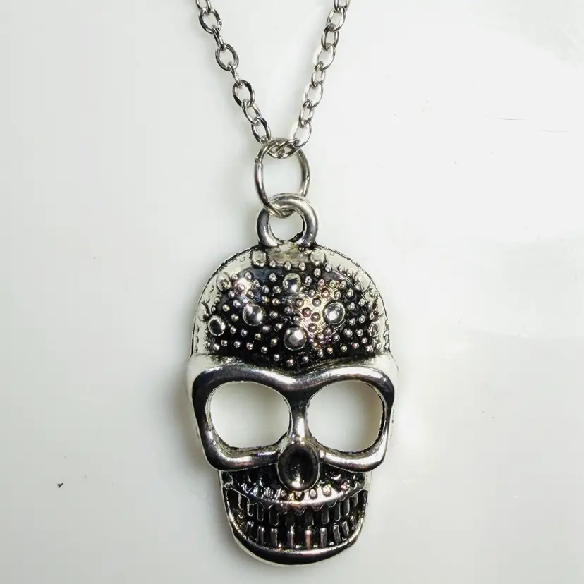 Silver Tone Death Head Skull Pendant on a 18” Link Chain -