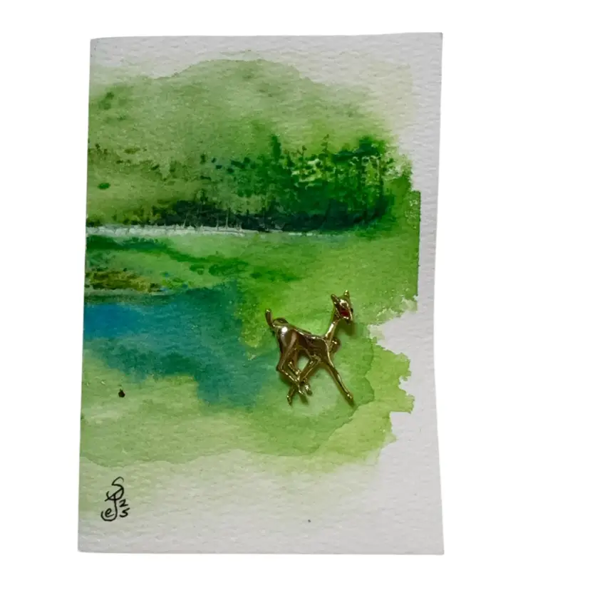 Original Watercolor Card With Vintage Deer In Meadow Brooch. Comes With Tissue And Box 5” X 3.5” Blank Inside