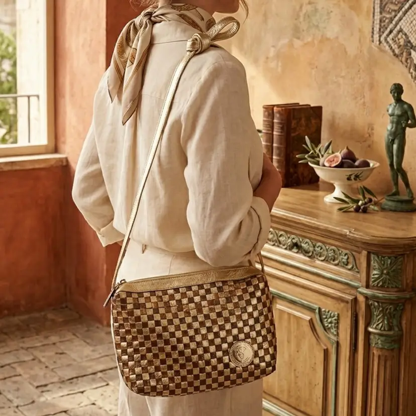 63. Carlos Falchi Vintage gold and brown woven metallic leather crossbody bag Read