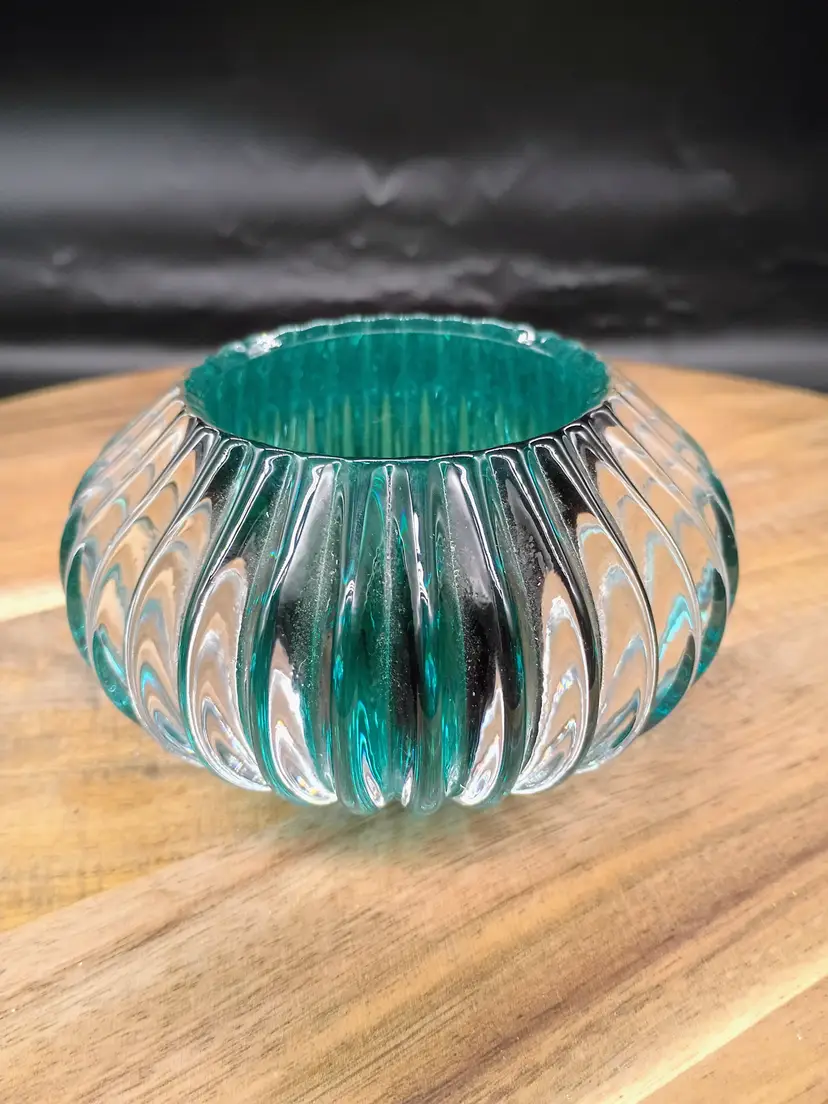 Teal And Clear Ribbed  Round Glass Votive Tealight Holder.
