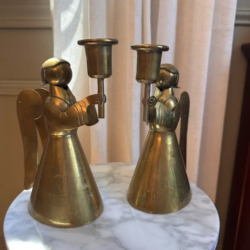 🔔 Heavy Vintage Los Castillo Taxco Brass Angel Candlesticks Pair, Salvador Terán Design, Mid-Century Mexican Metalware