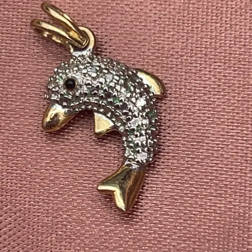 925 Sterling Silver Gold Vermeil CZ Dolphin Pendant Charm 3/4” Ocean Sea Life
