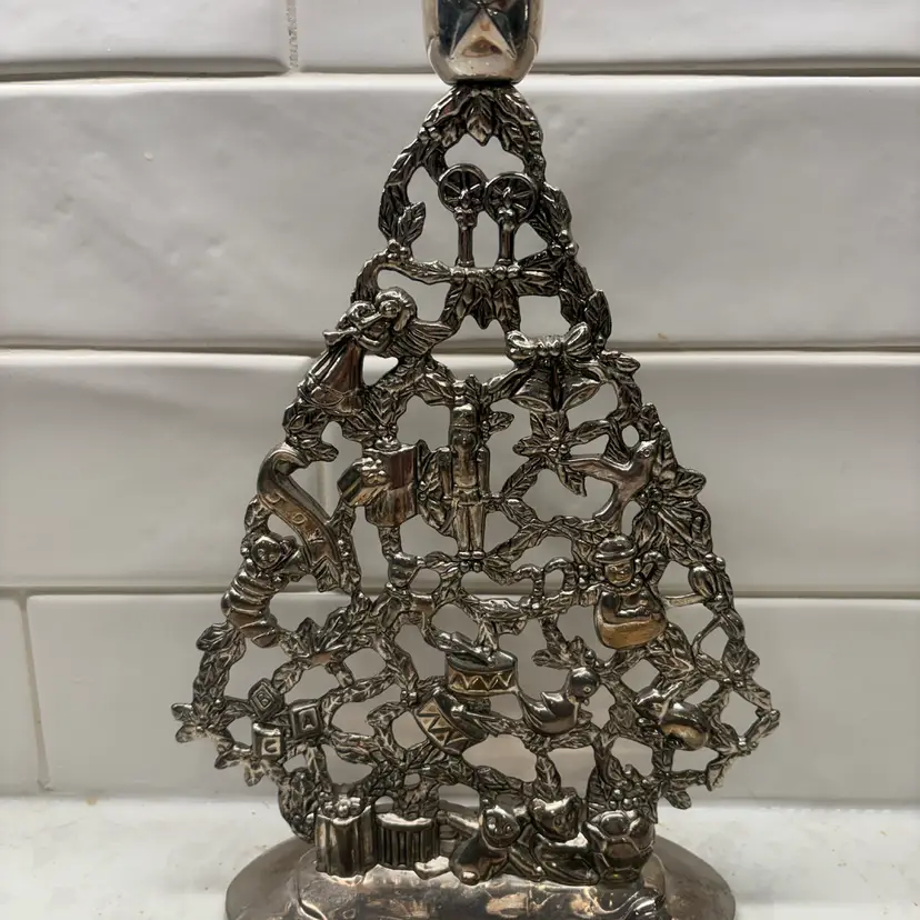 🎄Vtg Silverplate Christmas Tree Candle Holder - Pierced Toys Nutcracker Angel