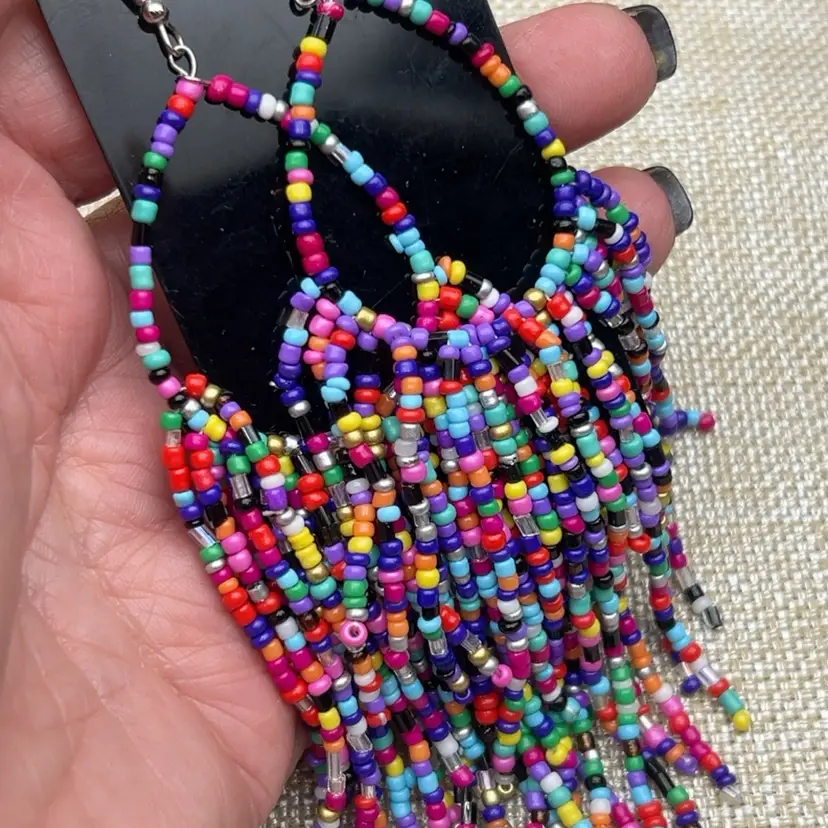 #01 Rainbow Multicolor Seed Bead Hoop Fringe Earrings Boho Statement Dangle