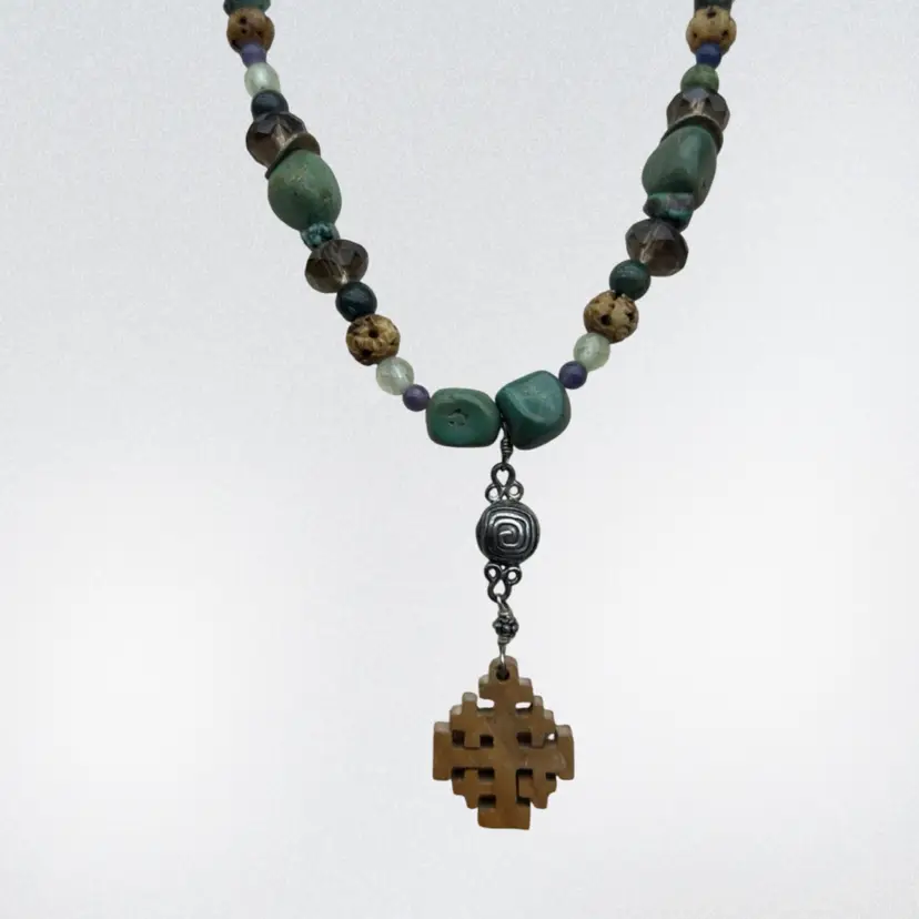 #01 Artisan Turquoise & Mixed Gemstone Necklace with 925 Sterling Silver Findings & Wooden Jerusalem Cross Pendant 16–19”