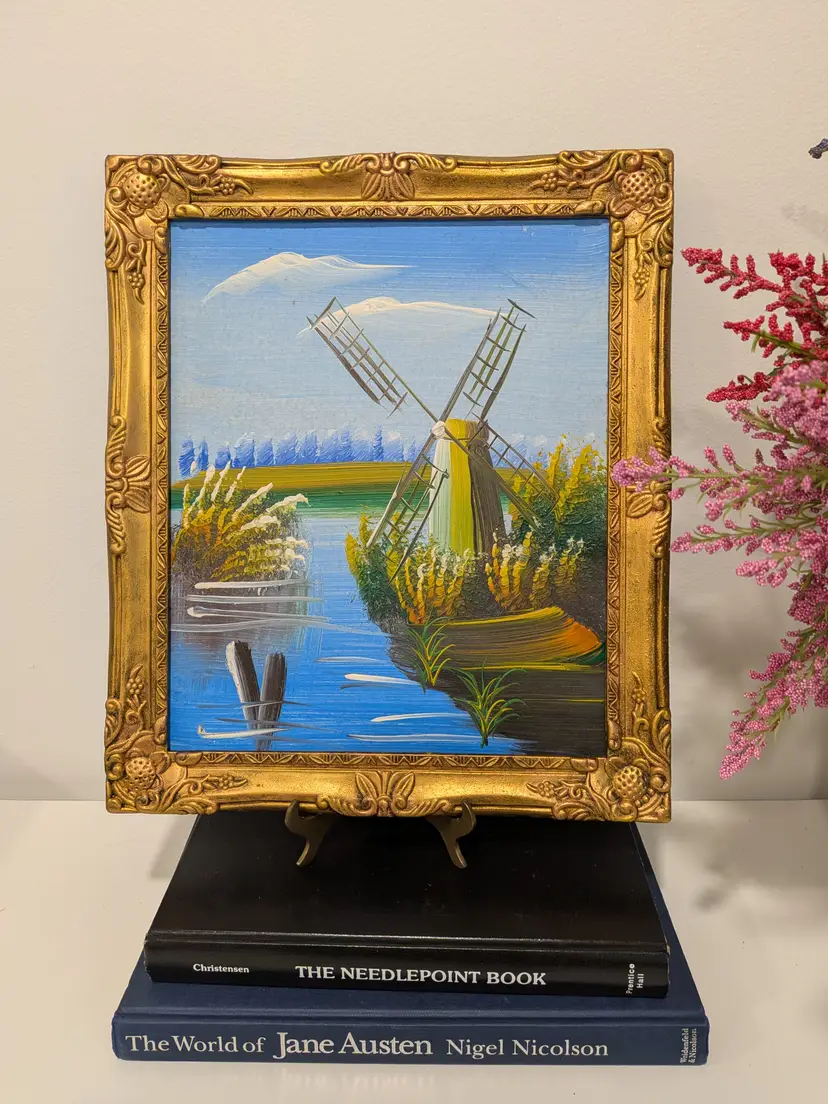 Vintage Framed Windmill Oil Painting