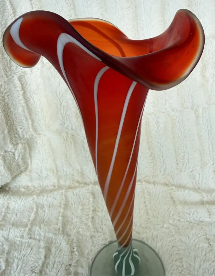 Gorgeous Vintage Hand-blown Art Glass Trumpet or Lily-style Vase featuring a Vibrant Red Body with White Zanfirico Stripes and a Flared, Ruffled Rim